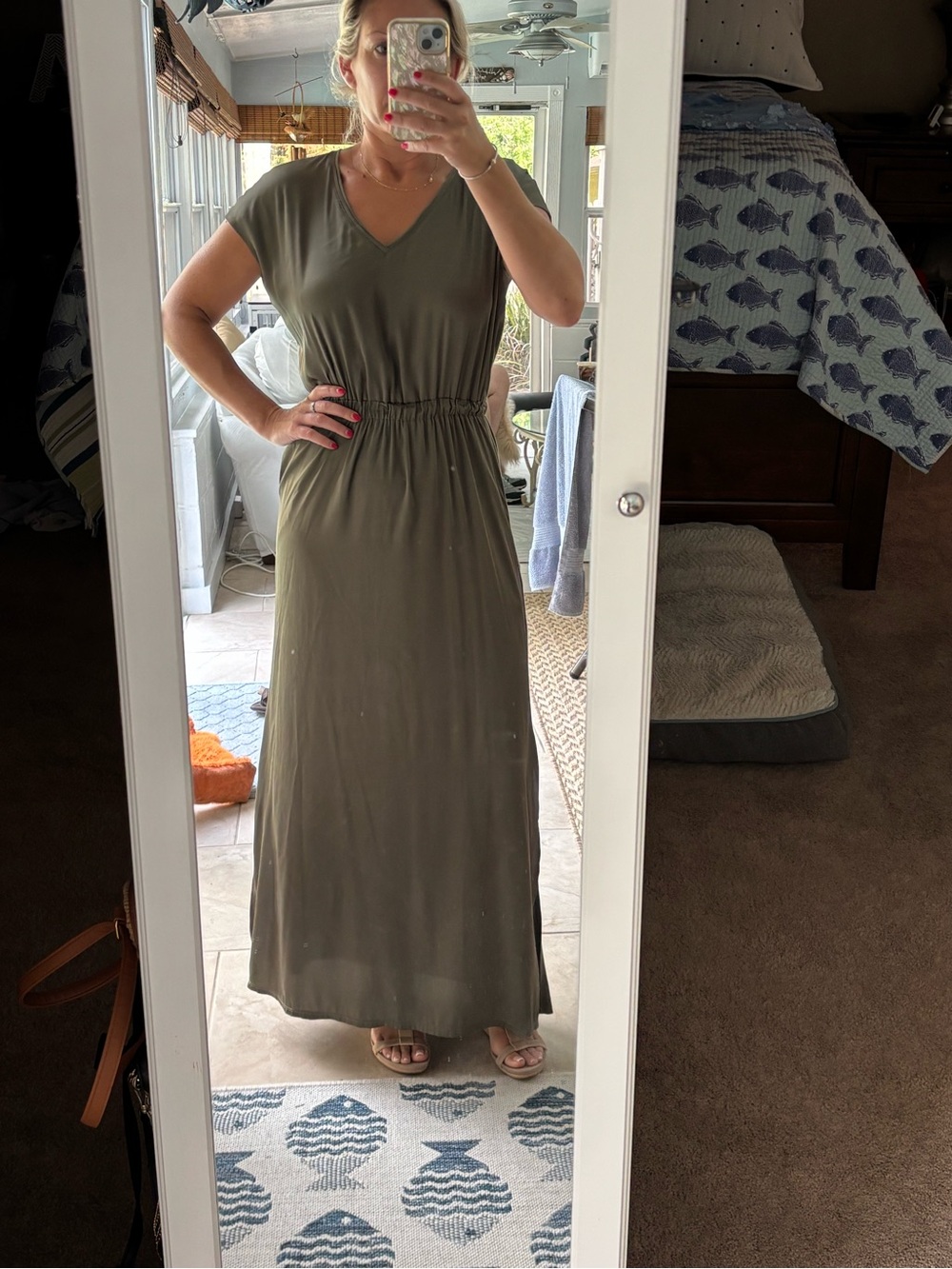 White House Black Market Women’s Olive V-Neck Maxi Dress with Elastic Waist